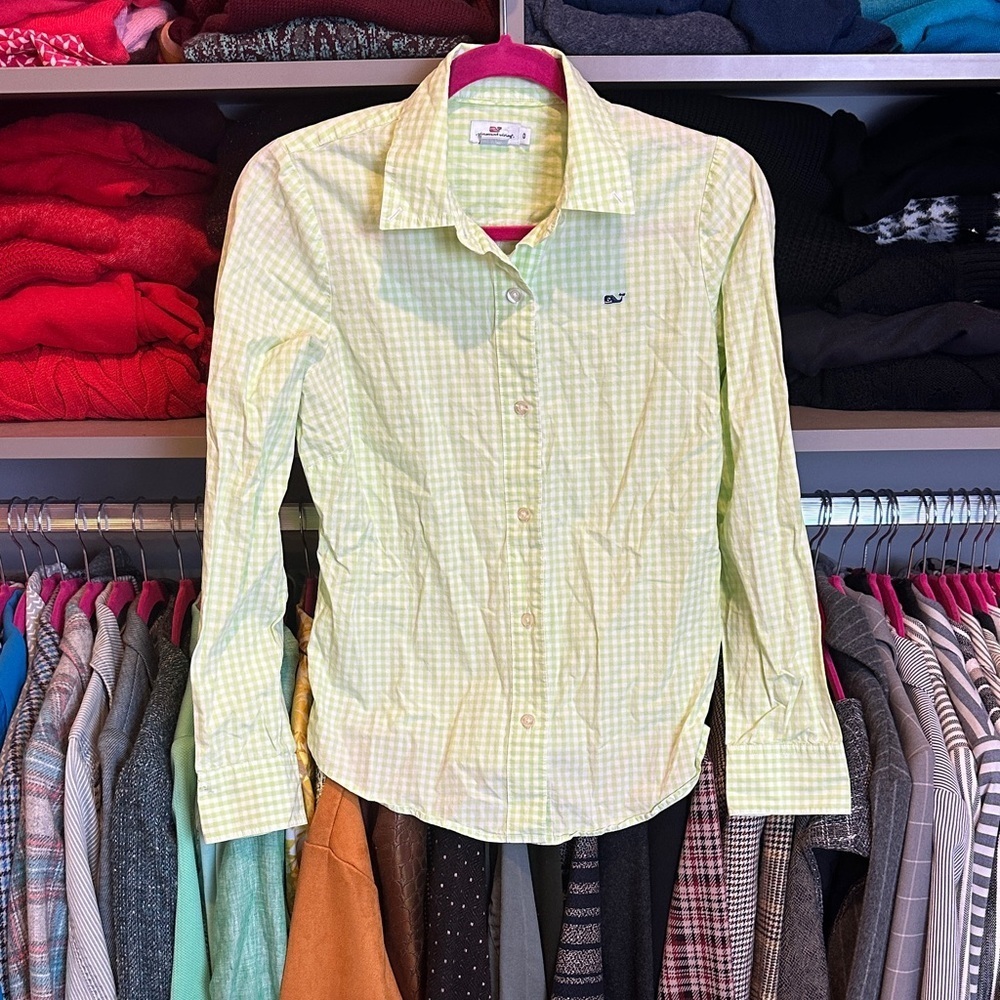 Vineyard Vines lime/white gingham long sleeve button down shirt size 0